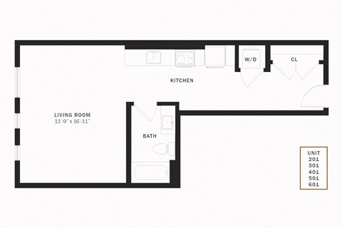 Floor plan for studio, 1 bath, 601 sqft